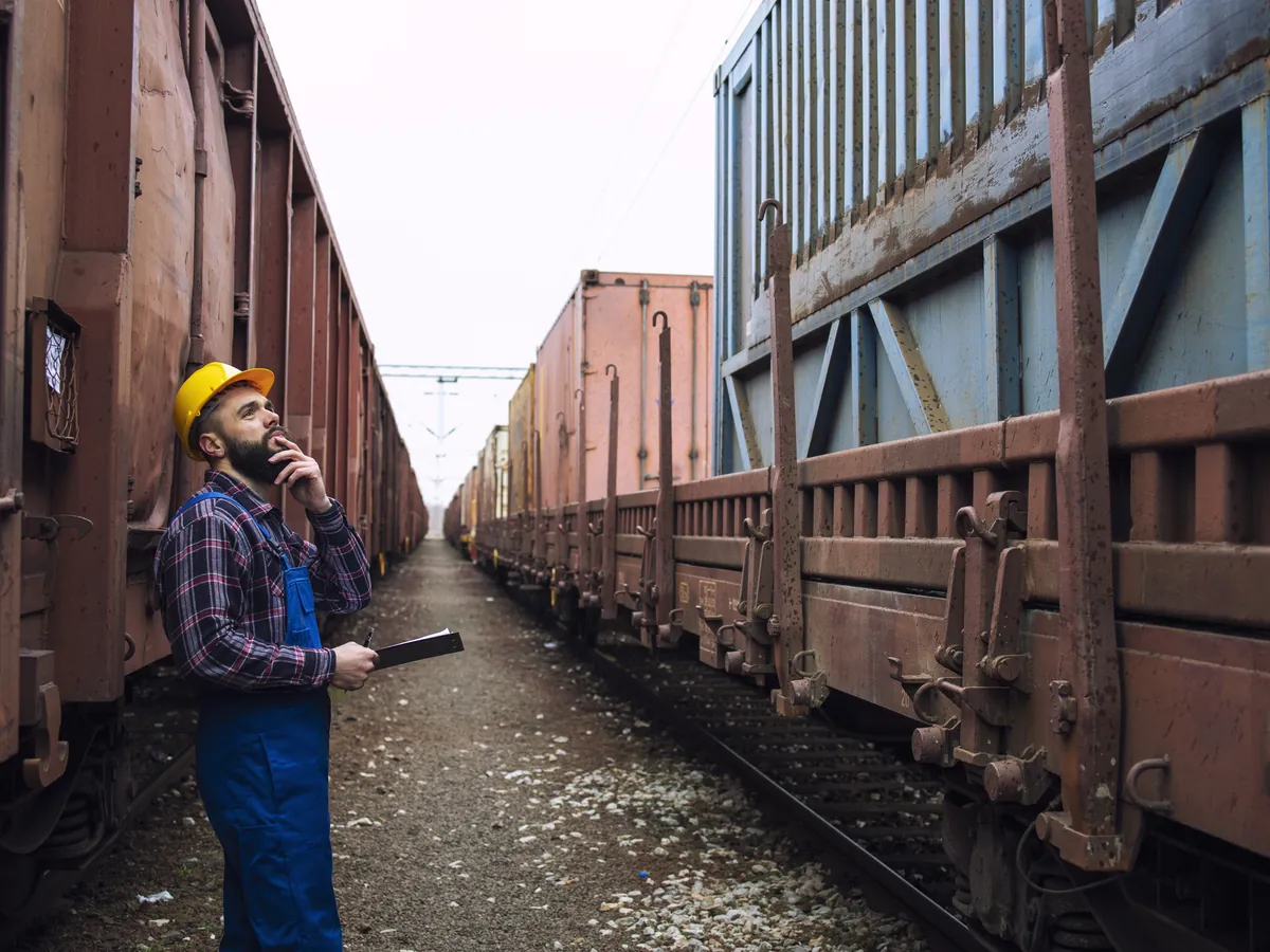 A rail worker in a hard hat between two lines of freight cars.