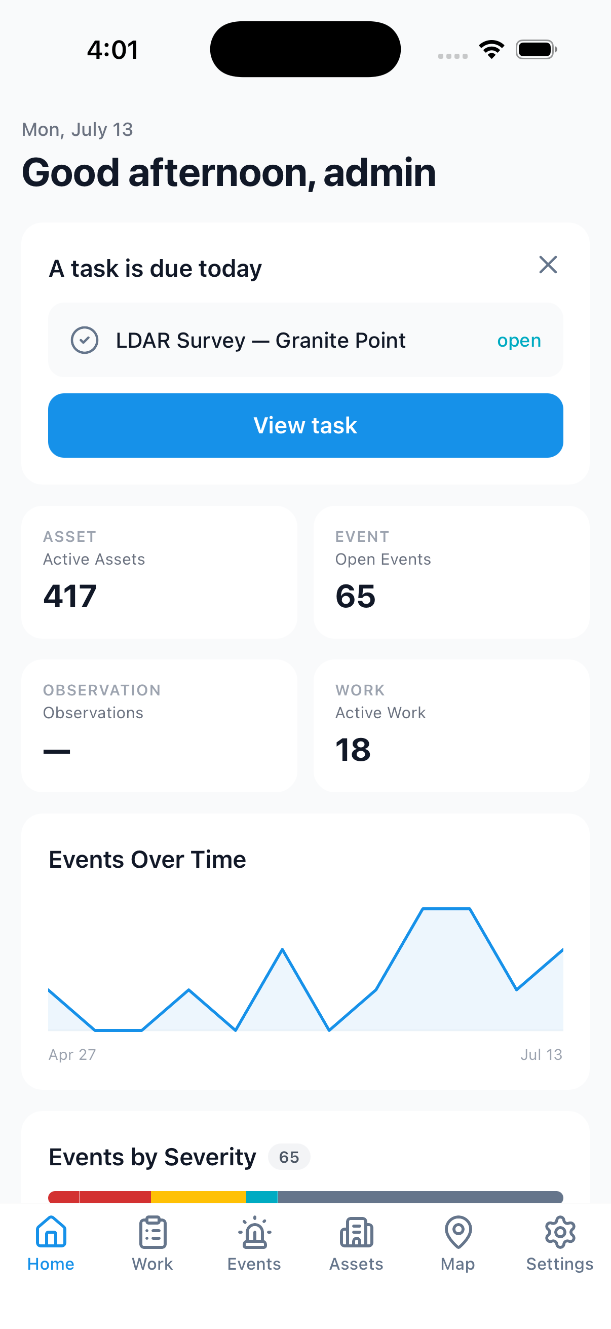 SensorUp mobile app home screen for a field tech: a due LDAR survey task, active-asset and open-event counts, and an events-over-time chart