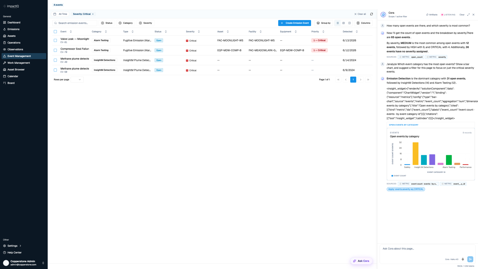 SensorUp product screen: a filtered list of LDAR detections across sites