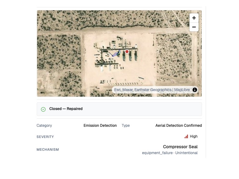 Leak event closed as repaired in SensorUp Studio: compressor seal and the aerial detection that confirmed it. Sample data.